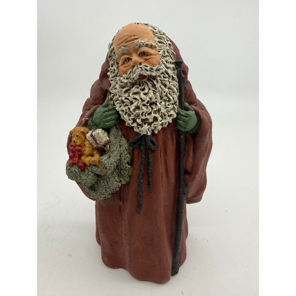 June McKenna Santa with Sack Figurine 1992 Signed Flat Back Folk Art Christmas